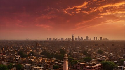 Naklejka premium Dusk Over Crowded Rooftops, Atmospheric Haze, Wide Angle