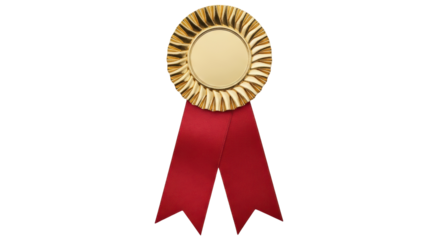 Isolated gold award rosette badge, red ribbon for winning or achievement and success