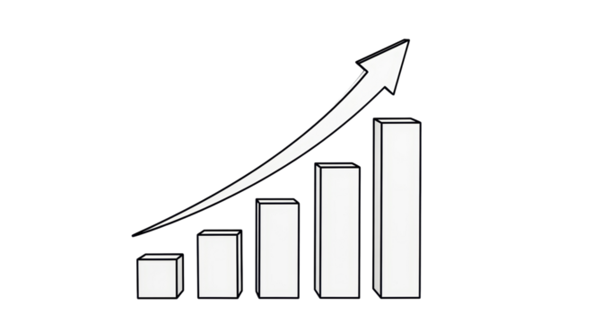 Isolated upward arrow on a growing bar graph, symbolizing progress and upward growth