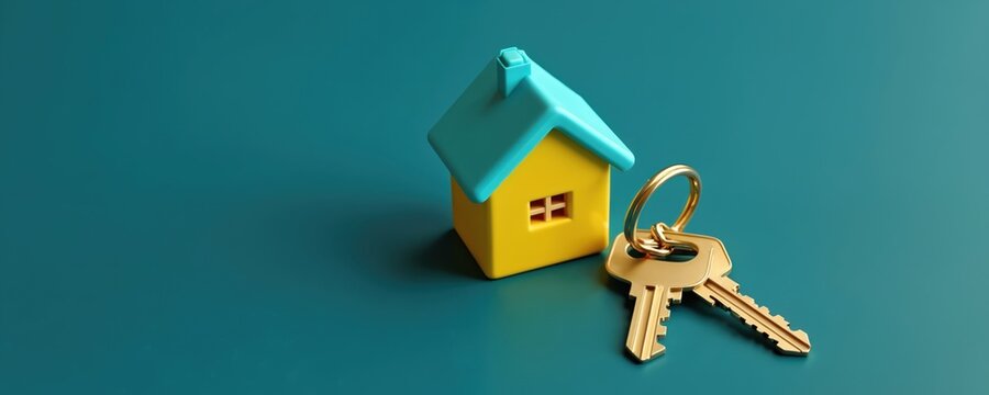 Small toy house in yellow and turquoise with two golden keys on blue background. Real estate investment planning, family future security, new home purchase concept, mortgage opportunity. - Powered by Adobe