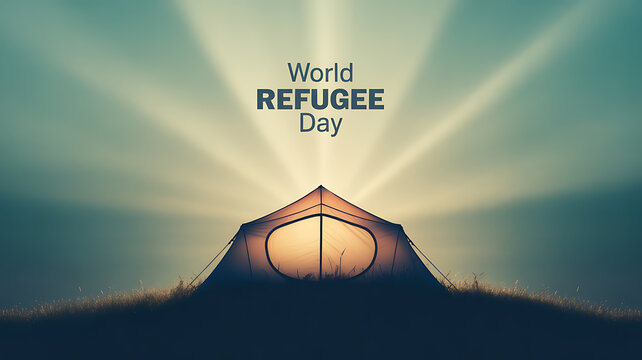 World Refugee Day illustration featuring a tent illuminated by sunlight rays against a serene sky