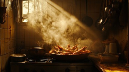 Sunlight streams into a rustic kitchen, highlighting a steaming dish of food