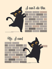 The concept of achieving success through small achievements. Black cat and bricks. Vector.