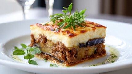 greek moussaka close up, layered eggplant, minced meat, creamy b&Atilde;&copy;chamel top, fine dining presentation, soft lighting 
