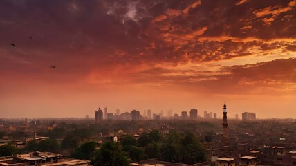 Fototapeta premium Orange Sky and Setting Sun Above Old Town Rooftops, Hazy Skyline