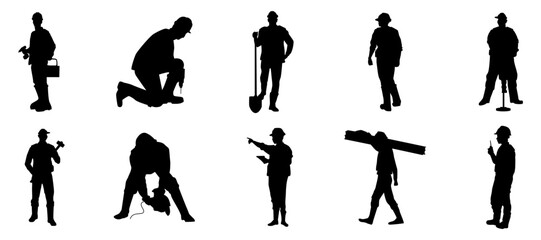 Silhouette Various Poses of Construction Worker Illustration Graphics
