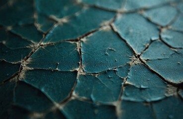 Obraz premium Close-up of ancient artifact or weathered furniture surface with deep blue black hue. Cracked fractures on damaged object. Distressed surface with worn texture pattern. Old antique design element.