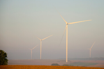 Fototapeta premium Renewable energy. Wind power plant in autumn field during sunrise.Building wind turbines. Wind turbine base.