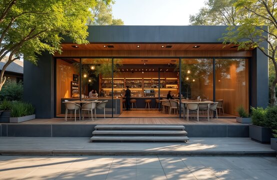 Minimalist coffee shop exterior in bright daylight. Sleek uncluttered design, contemporary furniture. Inviting, tranquil atmosphere with elegant stylish sunlit decor. Roomy neat relaxation space on
