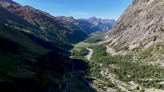 4K high resolution aerial drone video of the beautiful Arp Nouva Valley- ITALY. An integral part of the famous and beautiful TMB- Tour du Mont Blanc trail during a clear skies morning.