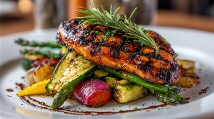 grilled chicken breast close up, marinated and charred, served with grilled vegetables, elegant plate, fine dining style 