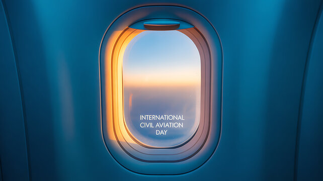 View from an airplane window during sunset, featuring text for International Civil Aviation Day