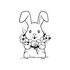 Obraz premium Cute cartoon bunny holding a bouquet of flowers on a white background rabbit animal