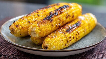 grilled corn on the cob close up, golden kernels, charred edges, butter glaze, elegant plate, fine dining style 