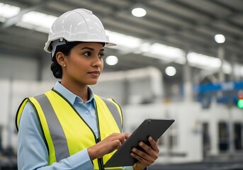 Woman engineer with tablet in factory hard hat safety vest