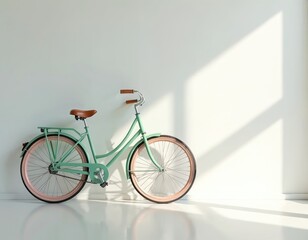 Pastel colored bicycle leans against white wall, casting subtle shadows. Minimalist, modern design. Eco-friendly transport, calm, slow life, sustainable lifestyle, healthy commute. Stylish concept