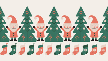 Holiday Border with Santa Claus Figures, Evergreen Trees, and Stockings Festive Design