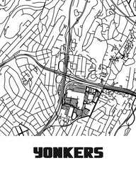 A minimalist line-art map of Yonkers, New York, featuring its streets and highways.