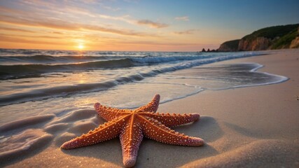 Vibrant starfish resting on a sandy beach at sunset, with gentle waves and a scenic coastline