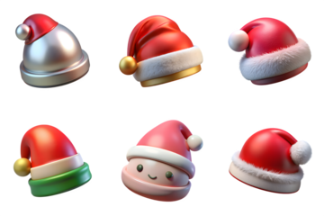 Collection of six festive santa claus hats in various styles and colors isolated on transparent background