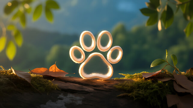 Glowing paw print silhouette on a forest log surrounded by leaves and moss