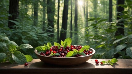 Freshly harvested red berries and mint leaves in a wooden bowl, set against a lush green forest background