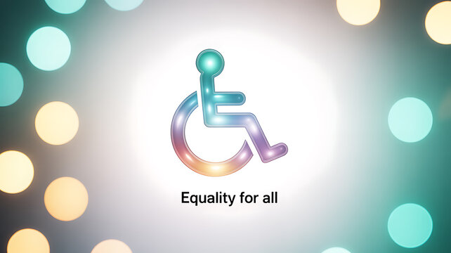 Accessibility symbol with rainbow gradient and 'Equality for all' text on a bokeh background