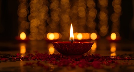 Glowing earthen lamp in low light, festive warmth and calm, Generative AI