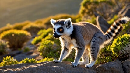 Obraz premium A curious lemur exploring rocky terrain surrounded by vibrant greenery during sunset