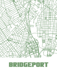 A minimalist line-art map of Bridgeport, Connecticut, featuring its streets and highways.