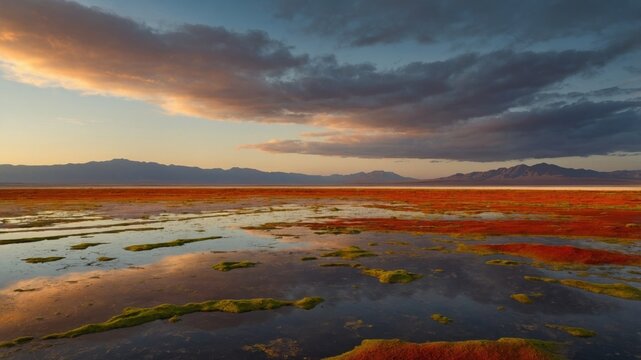 Serene sunset over a vibrant salt flat landscape, reflecting colorful clouds and mountains