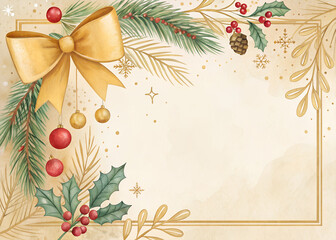 Watercolor-style Christmas background with golden bow, pine leaves, red and gold ornaments, festive berries, soft beige watercolor texture, golden frame with elegant flourishes, wide empty copy space 