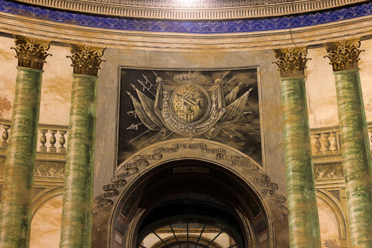 Painted family coat of arms on the central wall of the elliptical vestibule in Villa Palagonia, Bagheria,