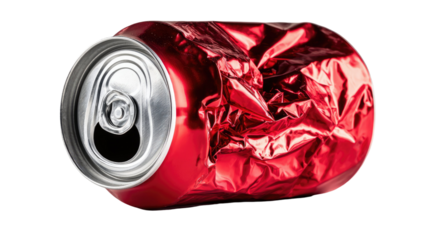 Crumpled red aluminum can lying on surface showing metallic recycling waste object with crushed beverage container illustration isolated on white background
