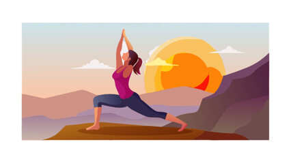 Woman practicing yoga warrior pose at sunrise for wellness and healthy lifestyle concept illustration vector
