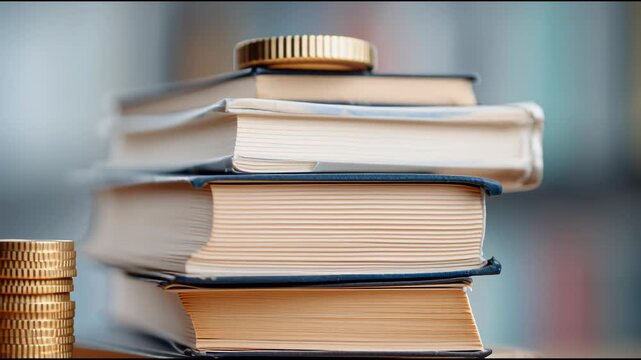Knowledge and Wealth: A close-up photograph showcases a stack of aged books, adorned with scattered coins, symbolizing the intersection of wisdom and financial prosperity.