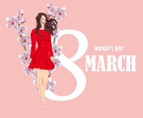 8 march women's day card. Girl and blooming cherry on the pink background