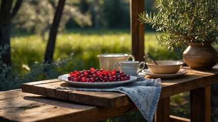 A rustic outdoor table setting featuring fresh cranberries, elegant dishware, and greenery in the background