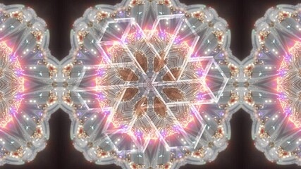 This dazzling fractal mandala with an interlocked hexagonal cube glyph radiating with jewel-like bursts. Seamless 4K60 loop ideal for VJ visuals, projection mapping, festivals, and meditation content. - Powered by Adobe