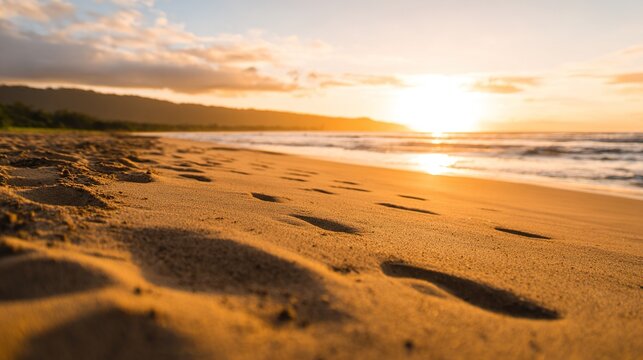 footprints. A serene beach sunset with footprints in the sand, evoking tranquility and golden warmth. inspiring travel planning, travel magazines, designed for travel destination branding.