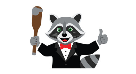 A cheerful raccoon in a tuxedo holding a club and giving a thumbs up.