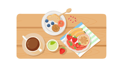 Healthy breakfast food flat lay illustration with coffee pancakes fruit and yogurt on wooden table top view