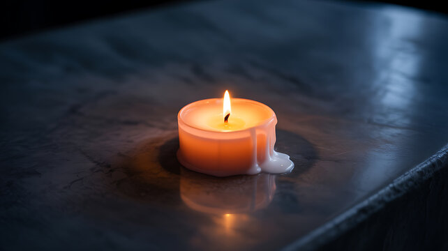 A lit tealight candle with a melting wax pool on a dark reflective surface.