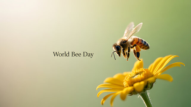 A honeybee hovers above a yellow flower on World Bee Day, highlighting pollination and environmental awareness.