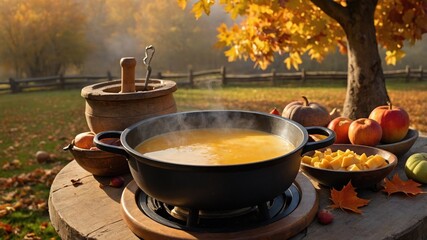 Autumn outdoor scene featuring a steaming pot of soup surrounded by colorful foliage and harvest fruits