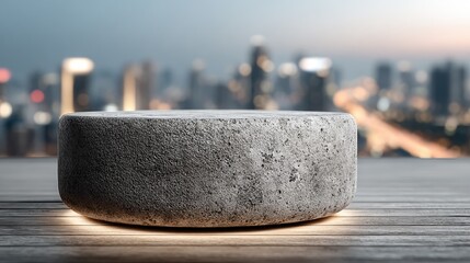 Small Product Ad Podium Tiny concrete podium in a modern loft industrial vibe large windows with city views empty spot for a minimalist product