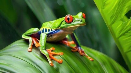 Fototapeta premium Nature’s Small Wildlife: Colorful Frogs/Toads, Leaf-Grass Backdrops & Macro Eye Closeups