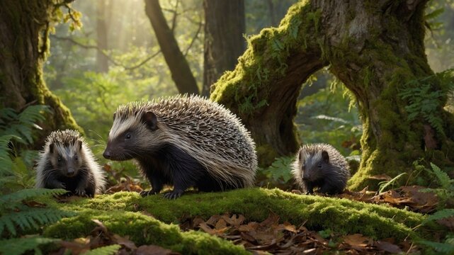 Three hedgehogs exploring a lush forest floor covered in moss, surrounded by vibrant greenery and sunlight - Powered by Adobe