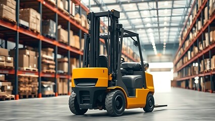 Industrial warehouse scene featuring a forklift, highlighting logistics in a soft ambient setting.