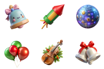 Collection of festive holiday celebration icons including a bell firework easter egg balloons violin and christmas bells isolated on transparent background